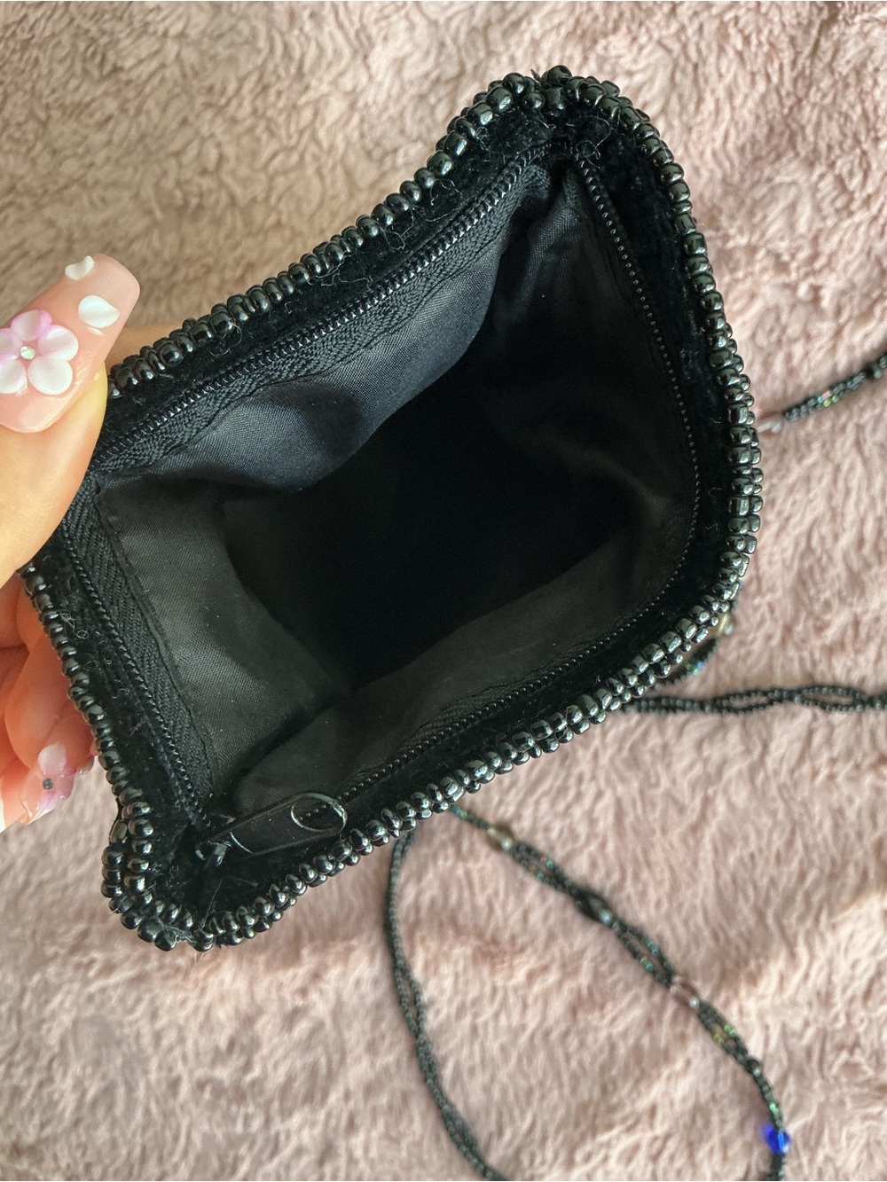 Black Beaded Velvet Crossbody Bag with Floral Appliqué - Picture 2 of 2